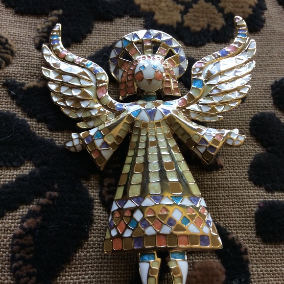Bob Mackie: Golden Inlaid Enamel Angel Brooch. - Picture 10 of 15